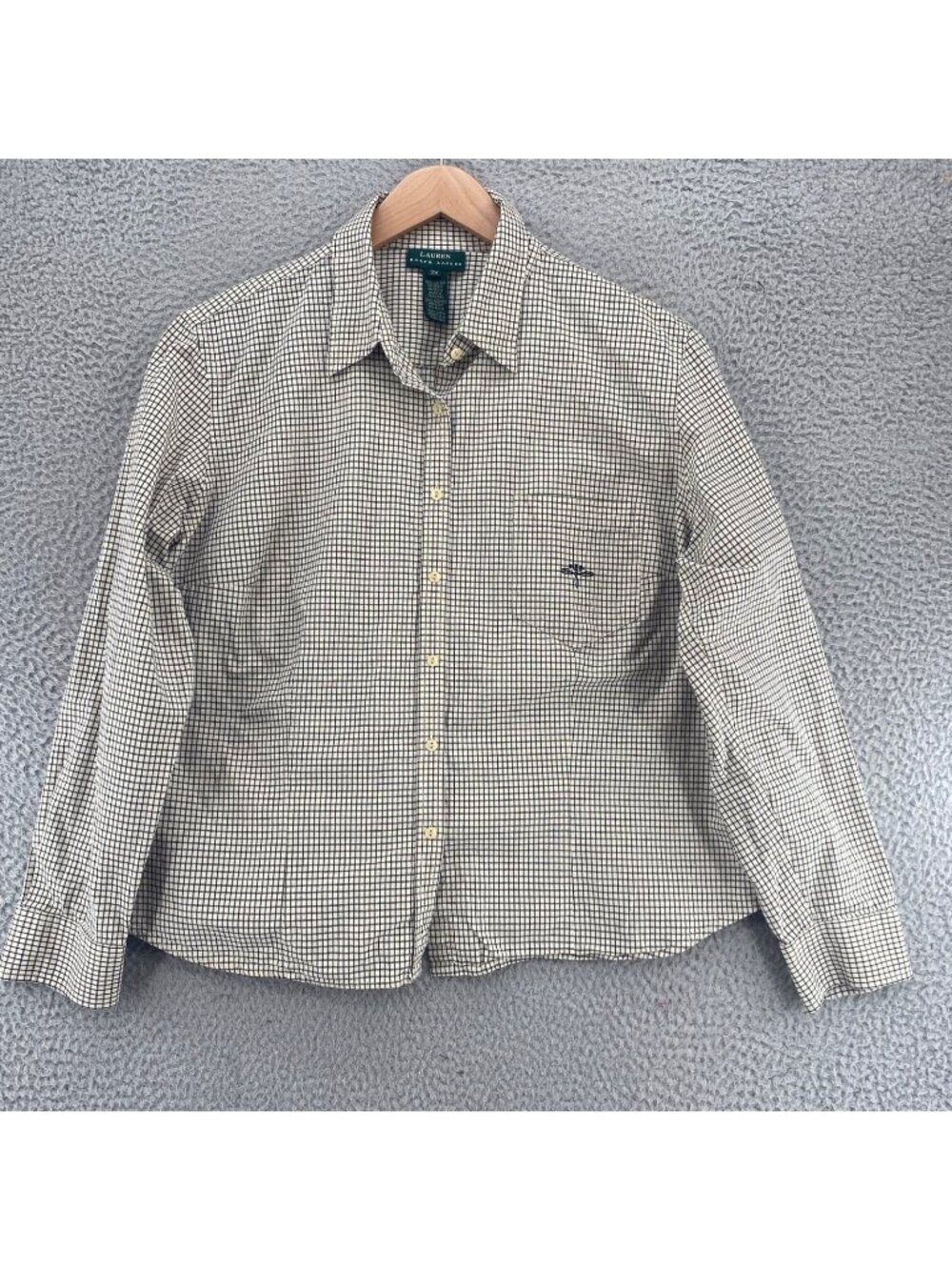 Lauren Ralph Lauren Shirt Womens 2X Ivory Black Grid Check Cotton Long Sleeves